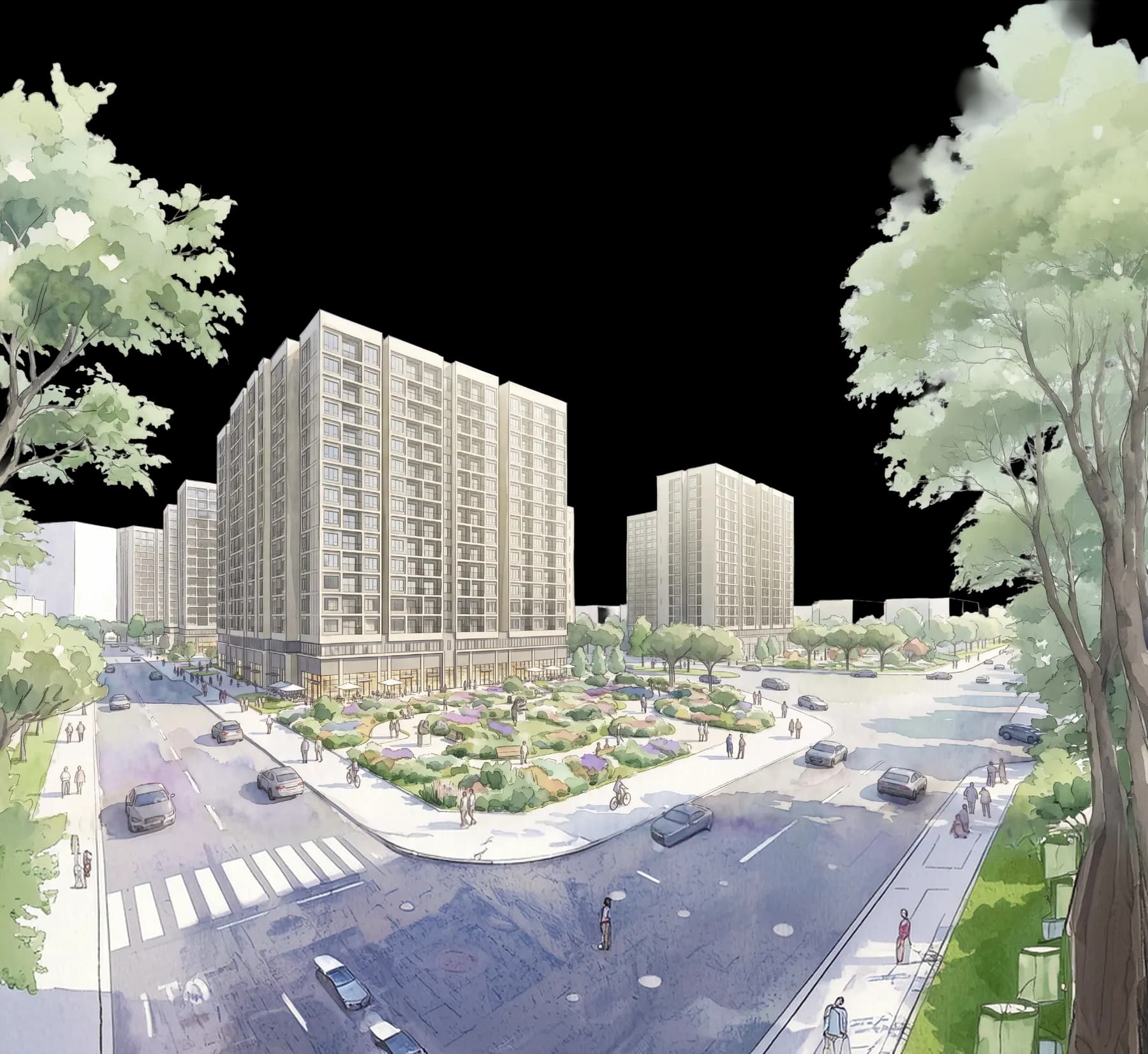Phối cảnh các tòa nhà cao tầng và đại lộ xanh của Forestia Park