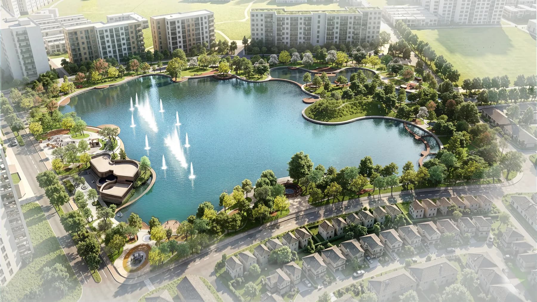 Phối cảnh hồ trung tâm và các tòa nhà của dự án