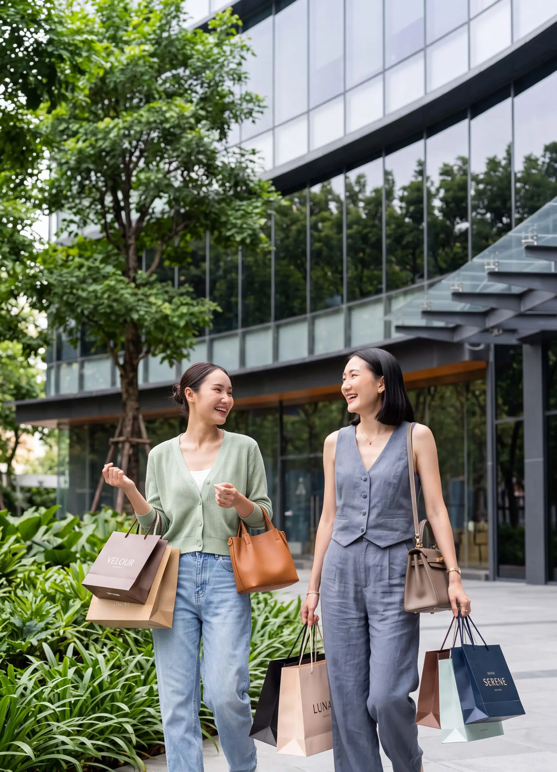 Hai người bạn mua sắm trên phố thương mại