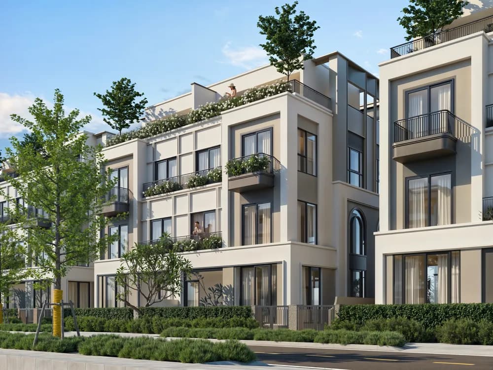 Phối cảnh dãy nhà phố ba tầng căn 80 m²